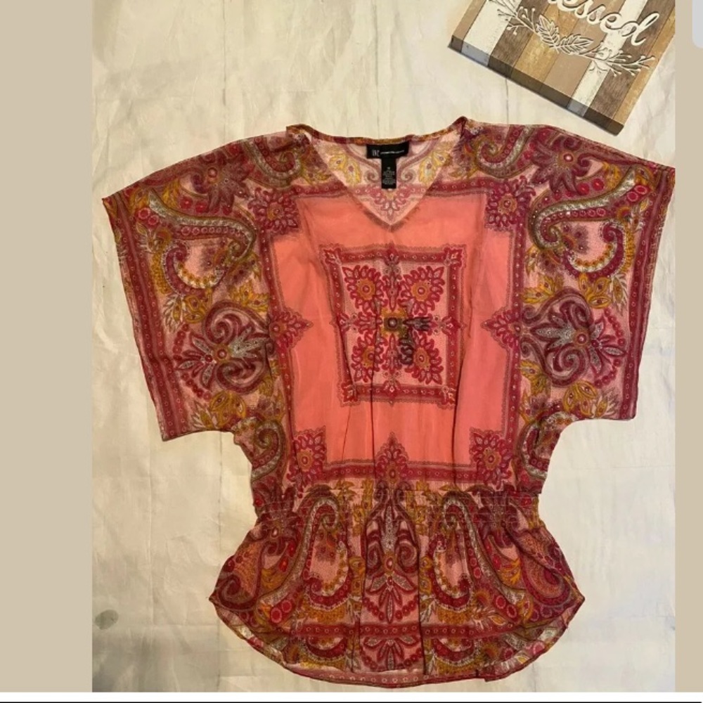 INC Pink Jeweled ‎ Wide Sleeve Elastic Waist M (g)